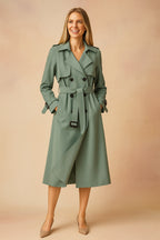 Trench long ceinturé col large structuré vert pour femme