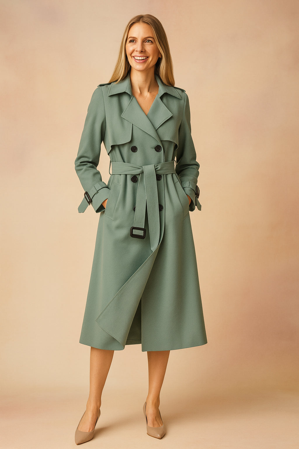 Trench long ceinturé col large structuré vert pour femme
