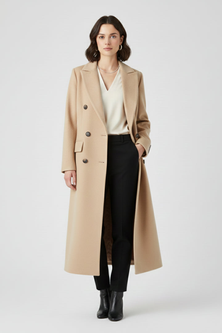 Trench long croisé à revers crantés beige pour femme