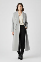 Trench long croisé à revers crantés gris pour femme