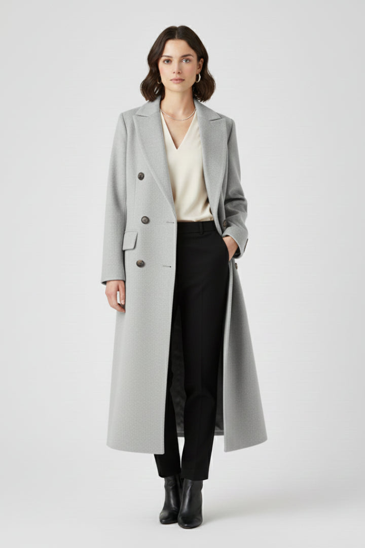 Trench long croisé à revers crantés gris pour femme