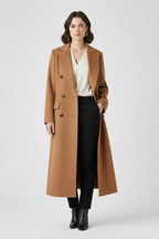 Trench long croisé à revers crantés marron pour femme