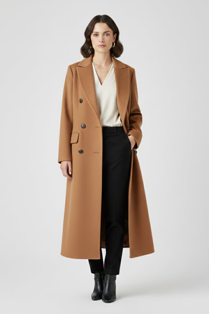 Trench long croisé à revers crantés marron pour femme