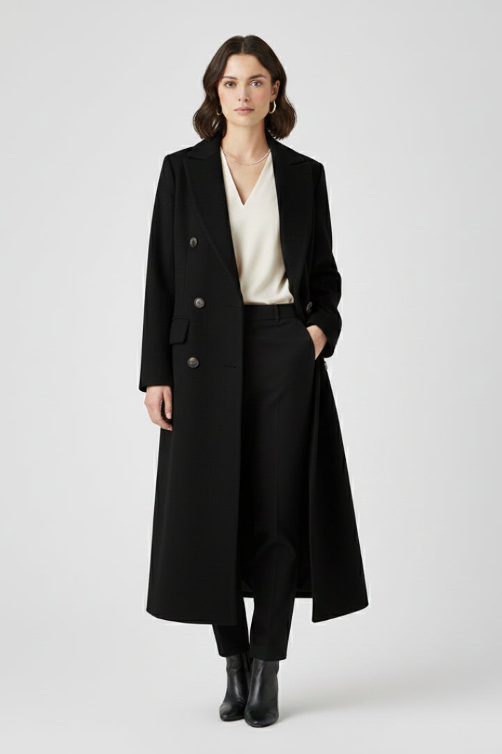 Trench long croisé à revers crantés noir pour femme
