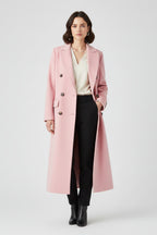 Trench long croisé à revers crantés rose pour femme