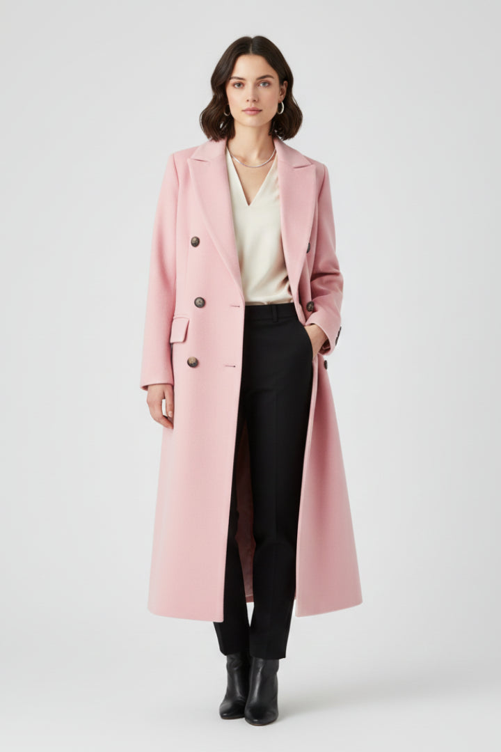Trench long croisé à revers crantés rose pour femme
