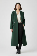 Trench long croisé à revers crantés vert pour femme