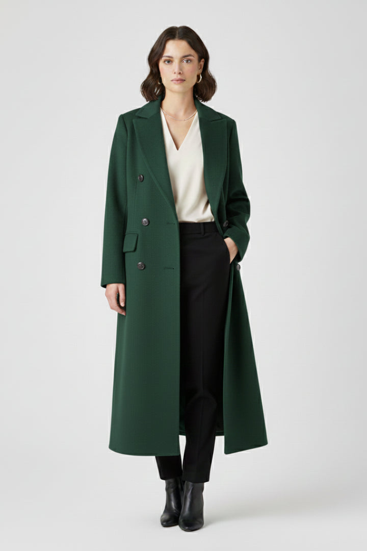 Trench long croisé à revers crantés vert pour femme