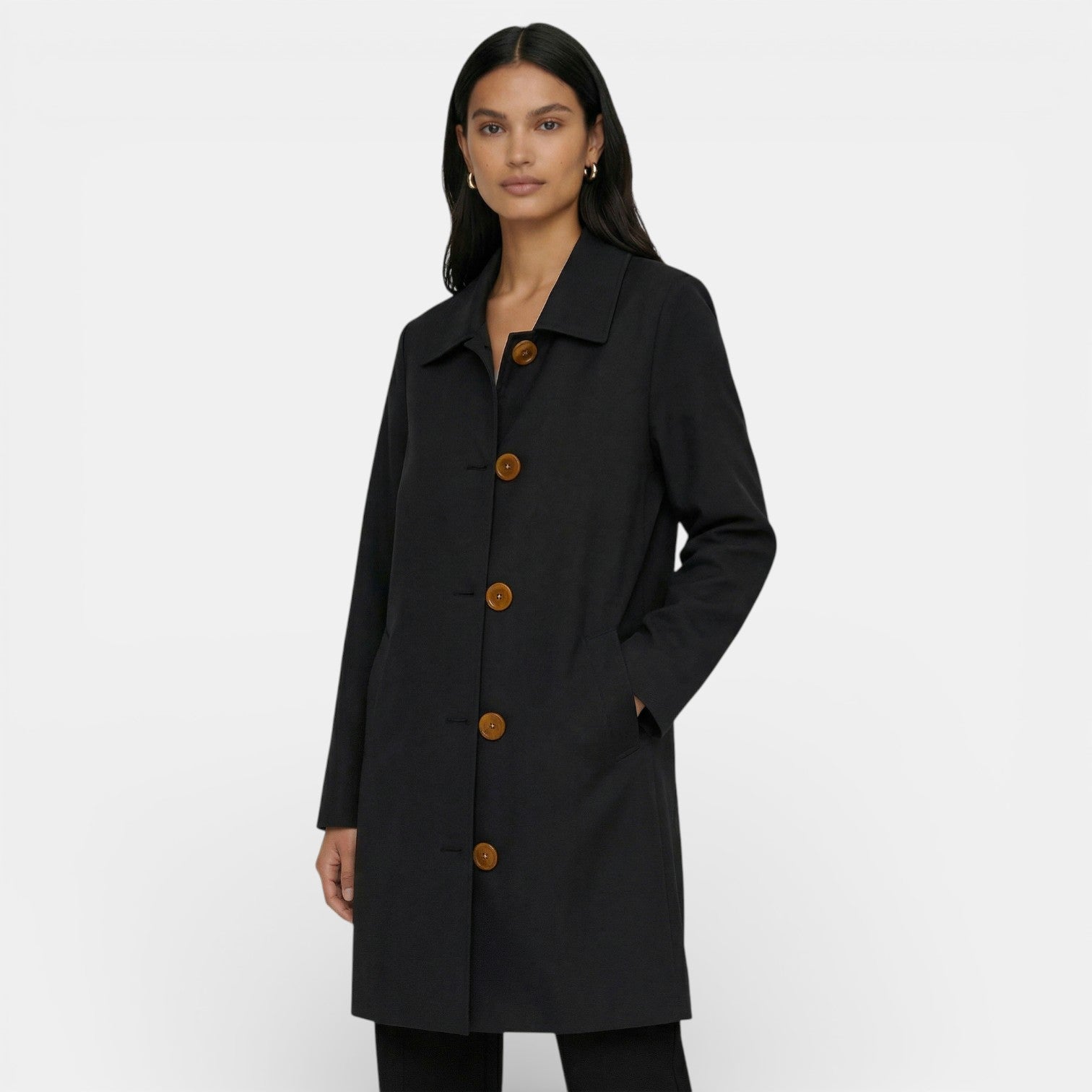 Trench mi-long col classique boutons noir pour femme