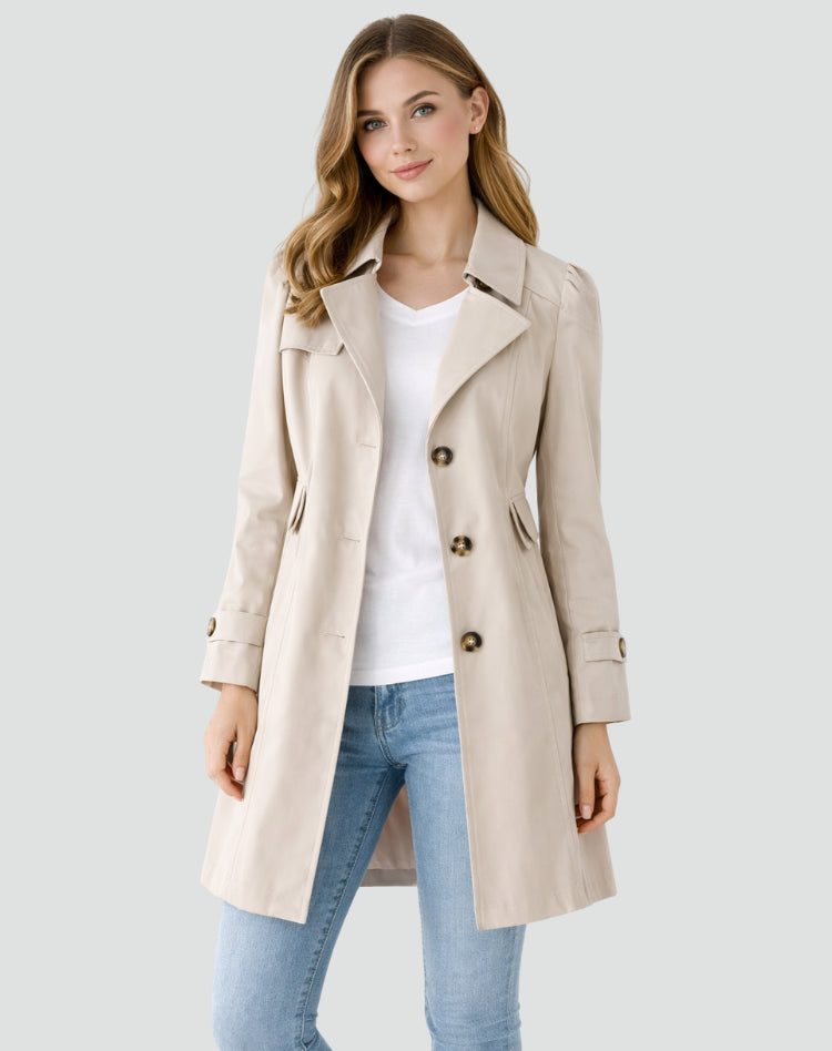 Trench mi-long boutonné à col revers beige pour femme