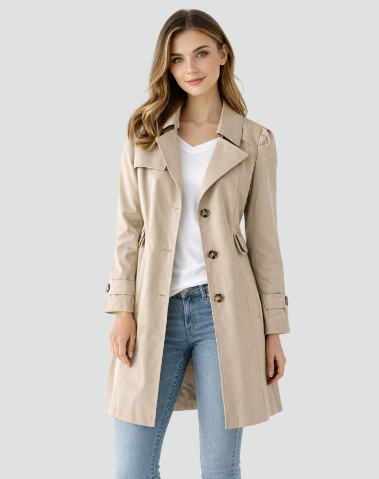 Trench mi-long boutonné à col revers kaki pour femme