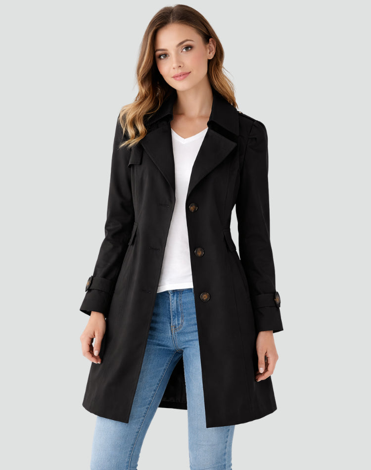 Trench mi-long boutonné à col revers noir pour femme