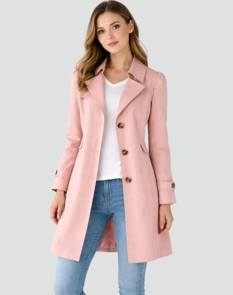 Trench mi-long boutonné à col revers rose pour femme