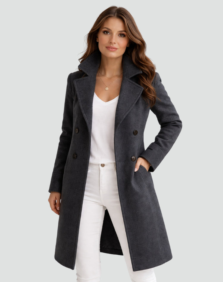 Trench mi-long double boutonnage col tailleur gris foncé pour femme