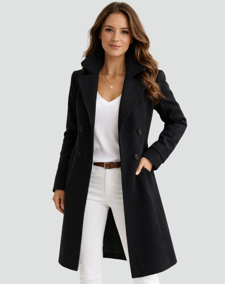 Trench mi-long double boutonnage col tailleur noir pour femme