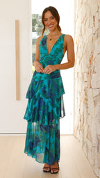 Détail de l'imprimé floral turquoise et bleu