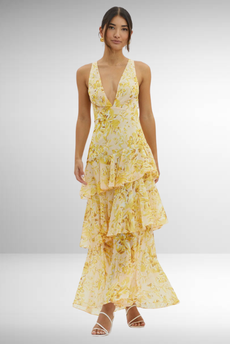 Robe maxi posée à plat pour montrer l'imprimé