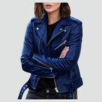 Veste biker asymétrique zippée bleu foncé pour femme