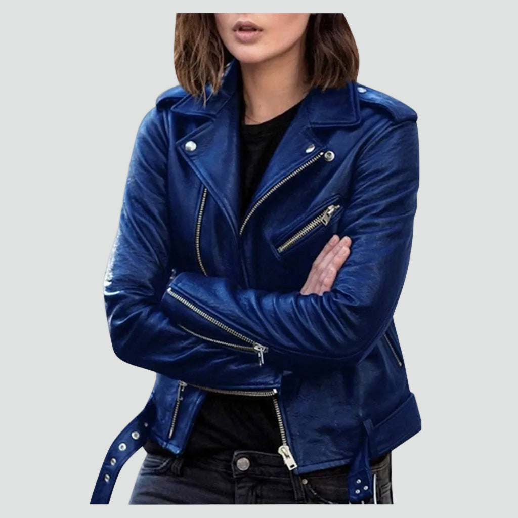 Veste biker asymétrique zippée bleu foncé pour femme