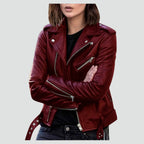 Veste biker asymétrique zippée bordeaux pour femme