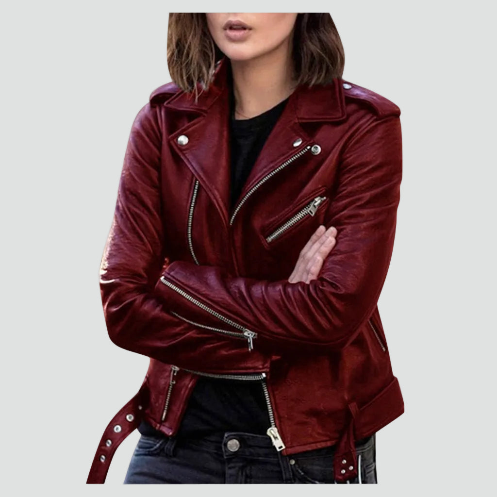 Veste biker asymétrique zippée bordeaux pour femme