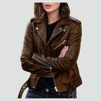 Veste biker asymétrique zippée marron pour femme