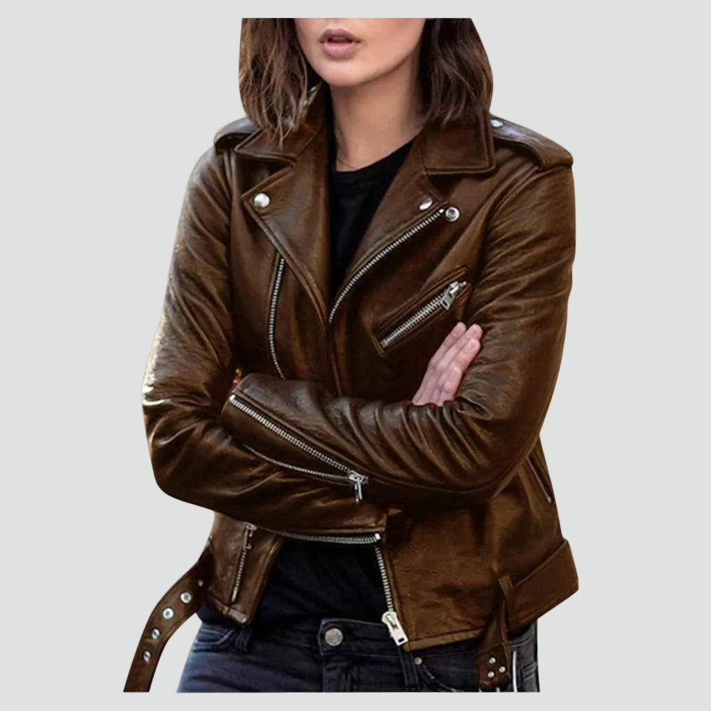 Veste biker asymétrique zippée marron pour femme