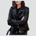 Veste biker asymétrique zippée noir pour femme