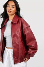 Veste bomber oversize à surpiqûres contrastées rouge pour femme