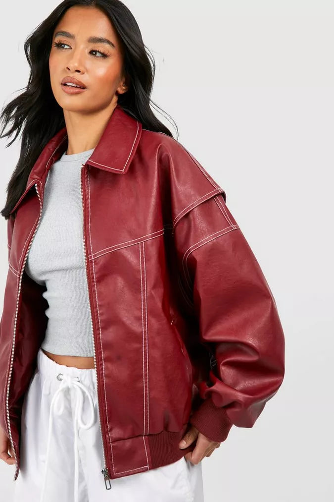 Veste bomber oversize à surpiqûres contrastées rouge pour femme