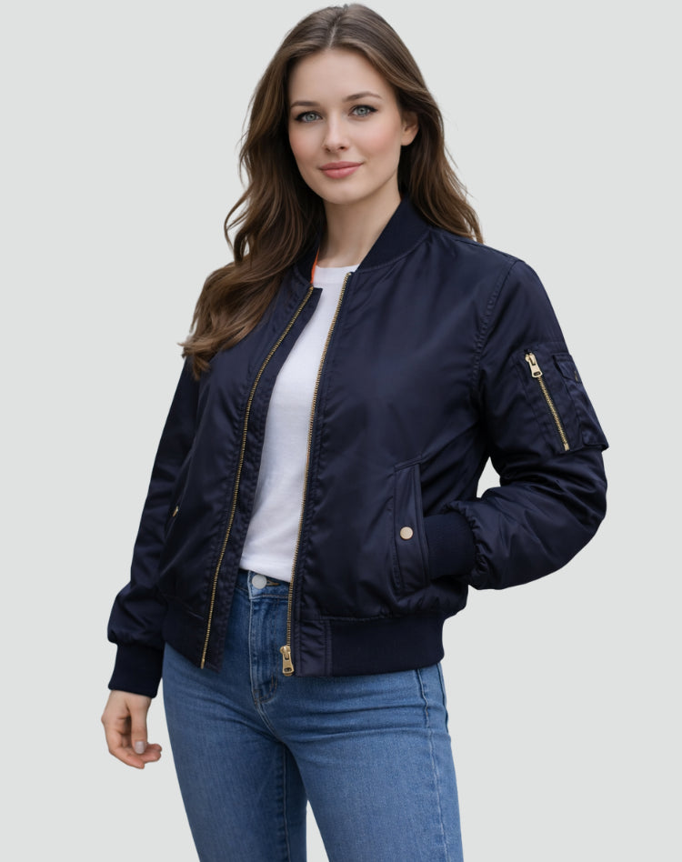 Veste bomber zippée avec poche manche bleu marine pour femme