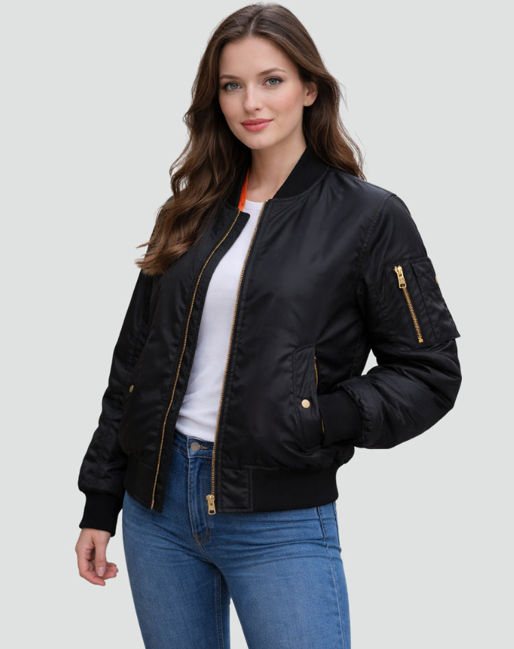 Veste bomber zippée avec poche manche noir pour femme