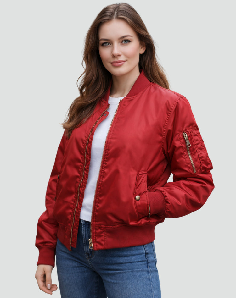 Veste bomber zippée avec poche manche rouge pour femme