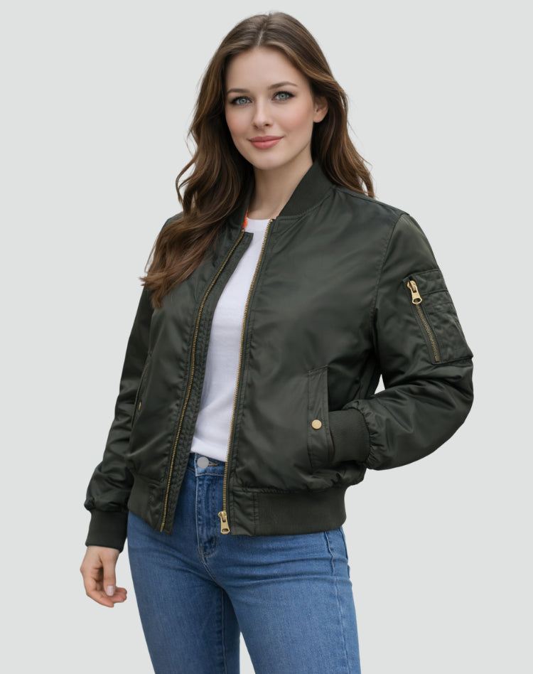 Veste bomber zippée avec poche manche vert militaire pour femme