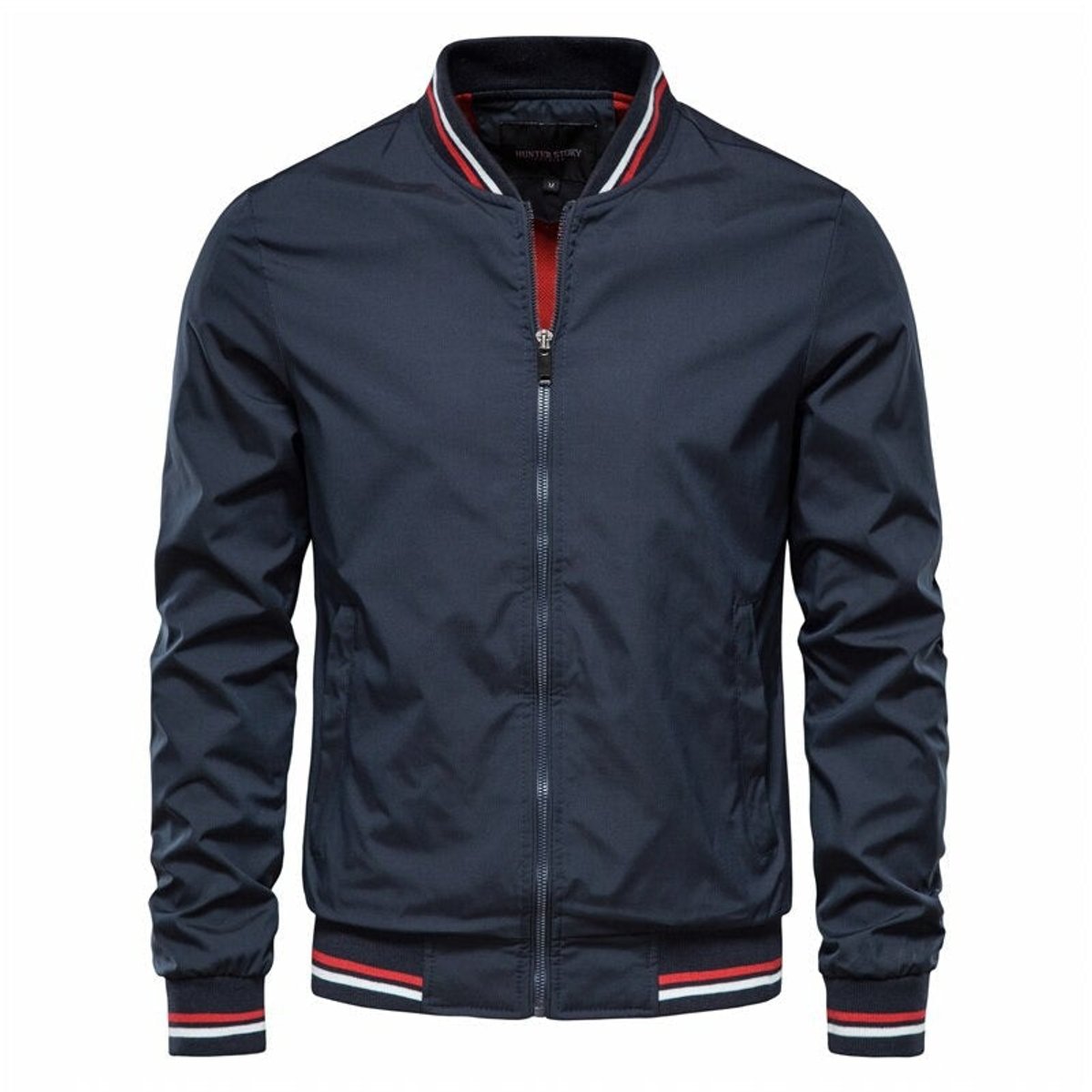 Veste bomber zippée col côtelé rayé bleu marine pour homme