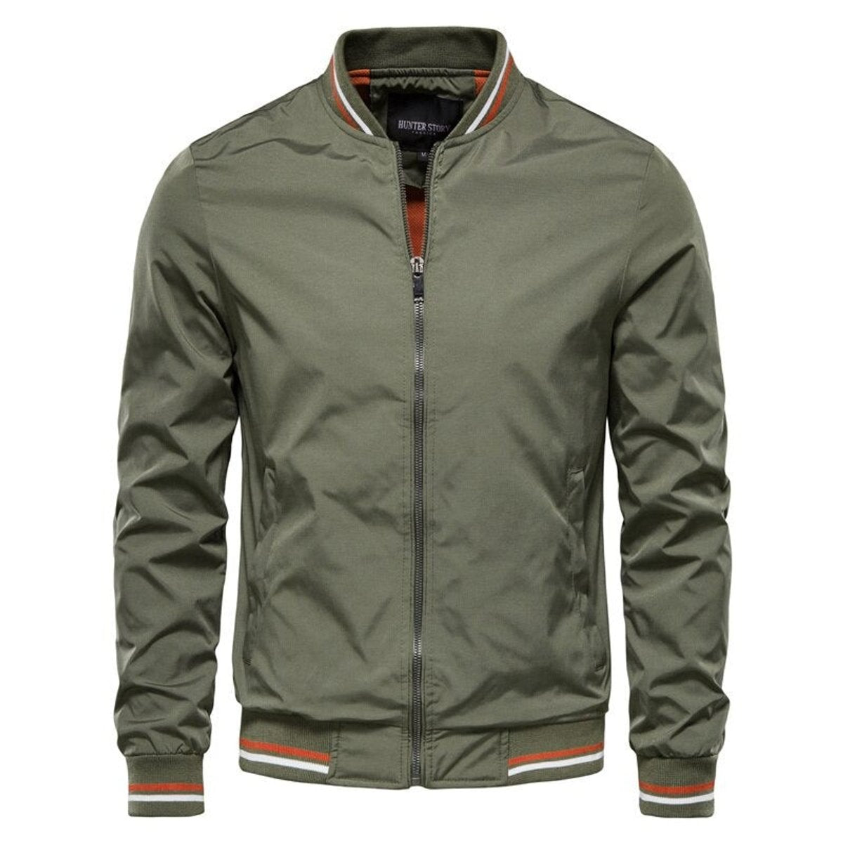 Veste bomber zippée col côtelé rayé vert militaire pour homme