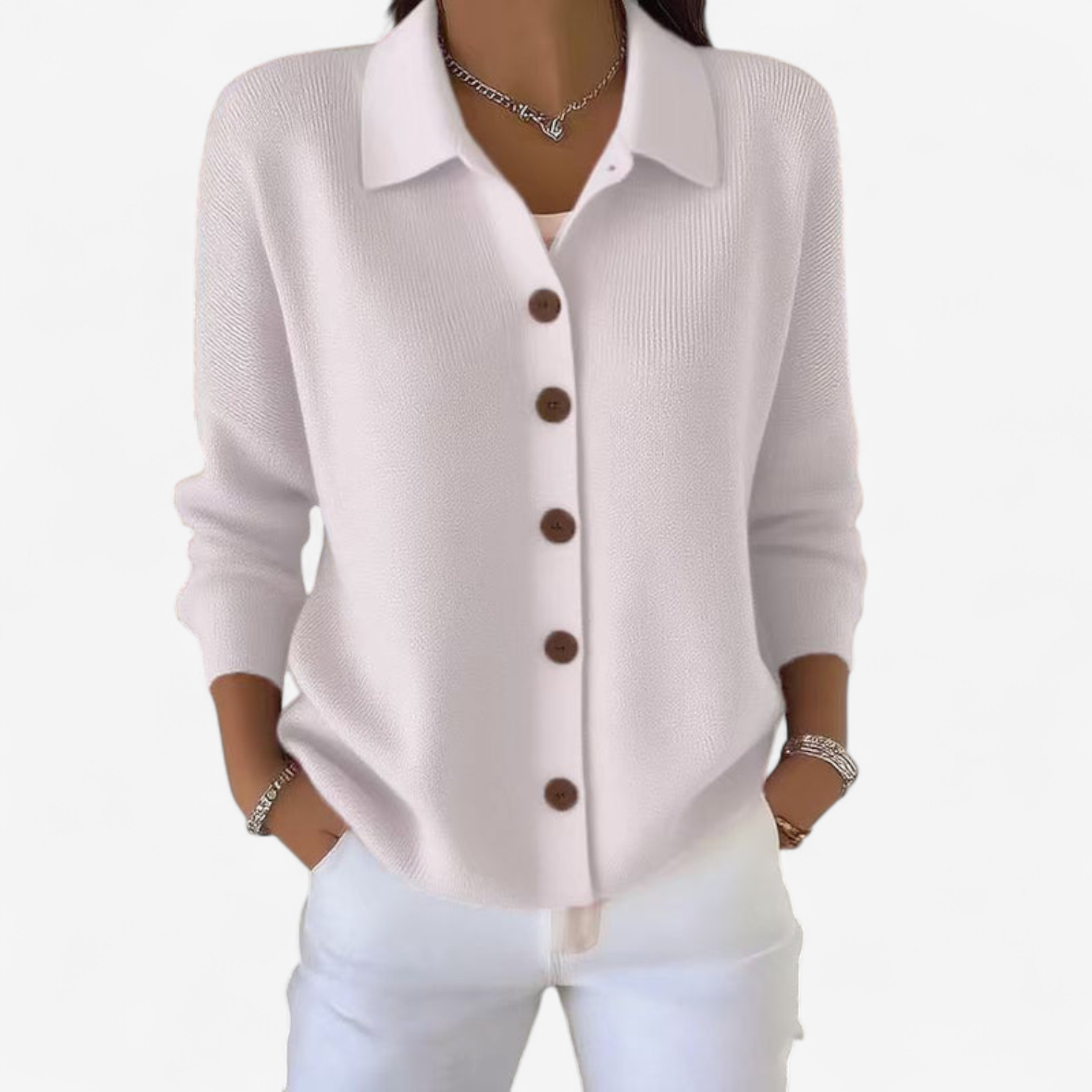 Veste boutonnée col chemise à côtes blanc pour femme