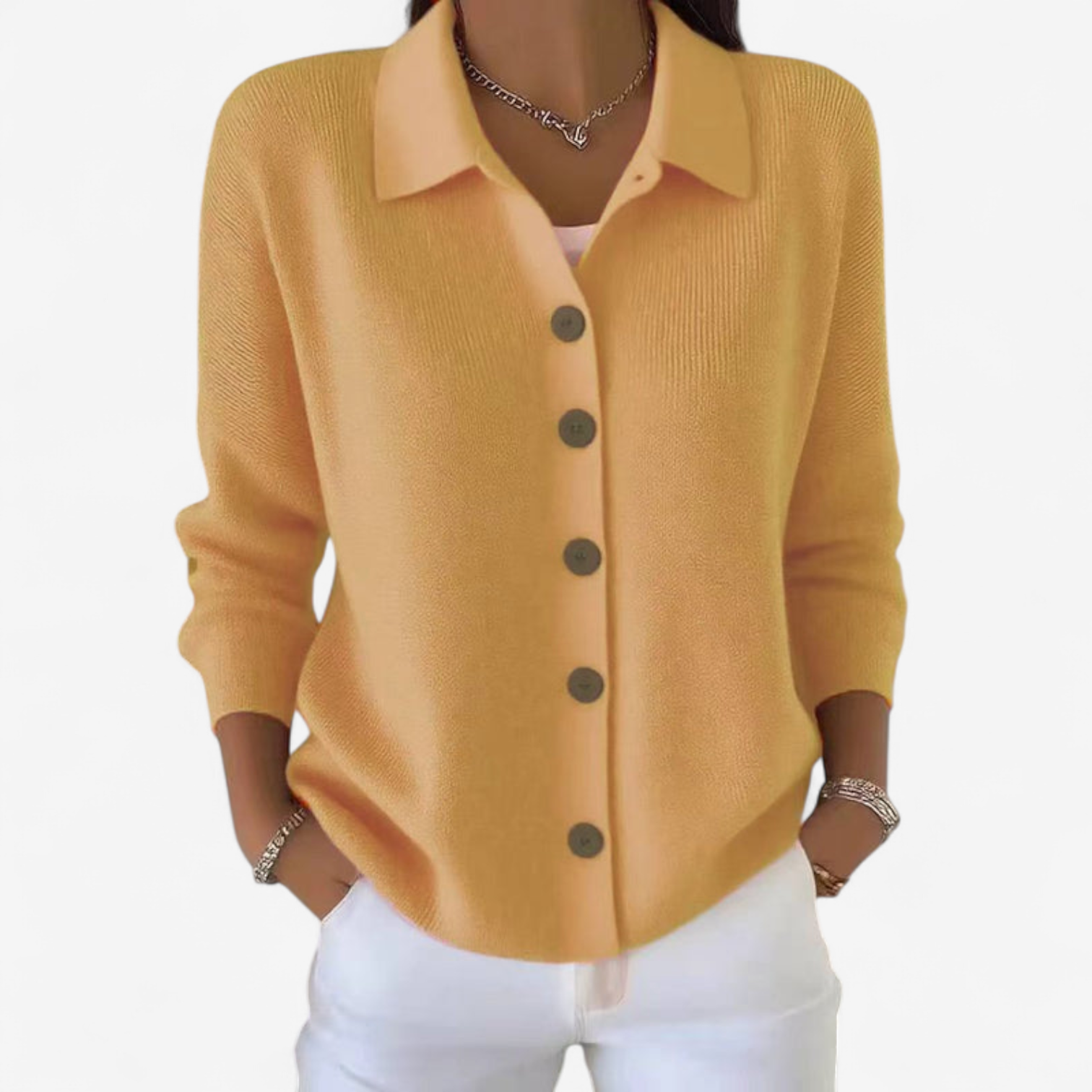 Veste boutonnée col chemise à côtes jaune pour femme