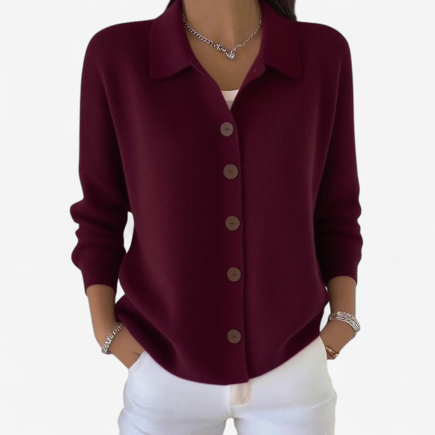 Veste boutonnée col chemise à côtes rouge pour femme