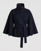 Veste cape col haut à ceinture bleu marine pour femme