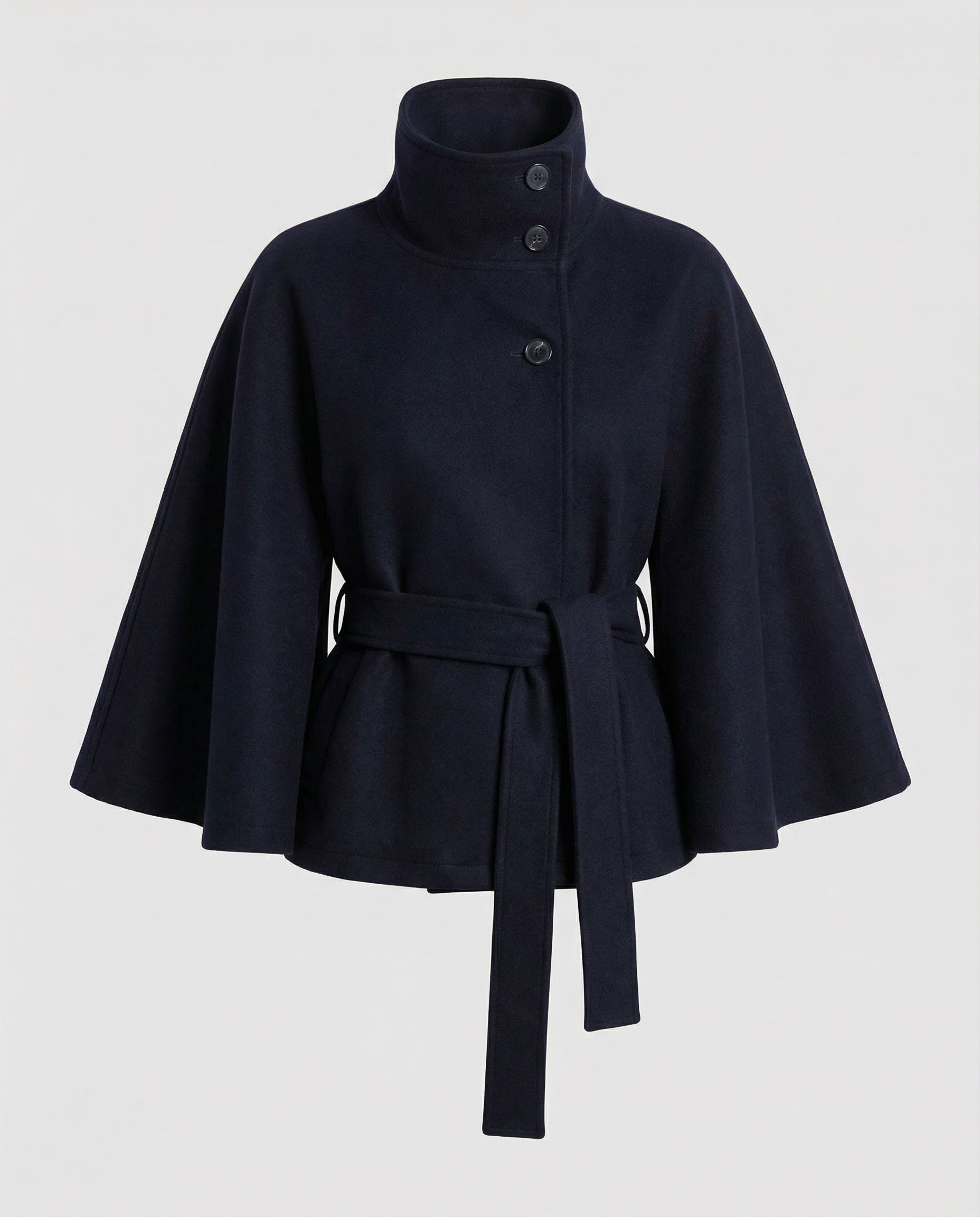 Veste cape col haut à ceinture bleu marine pour femme
