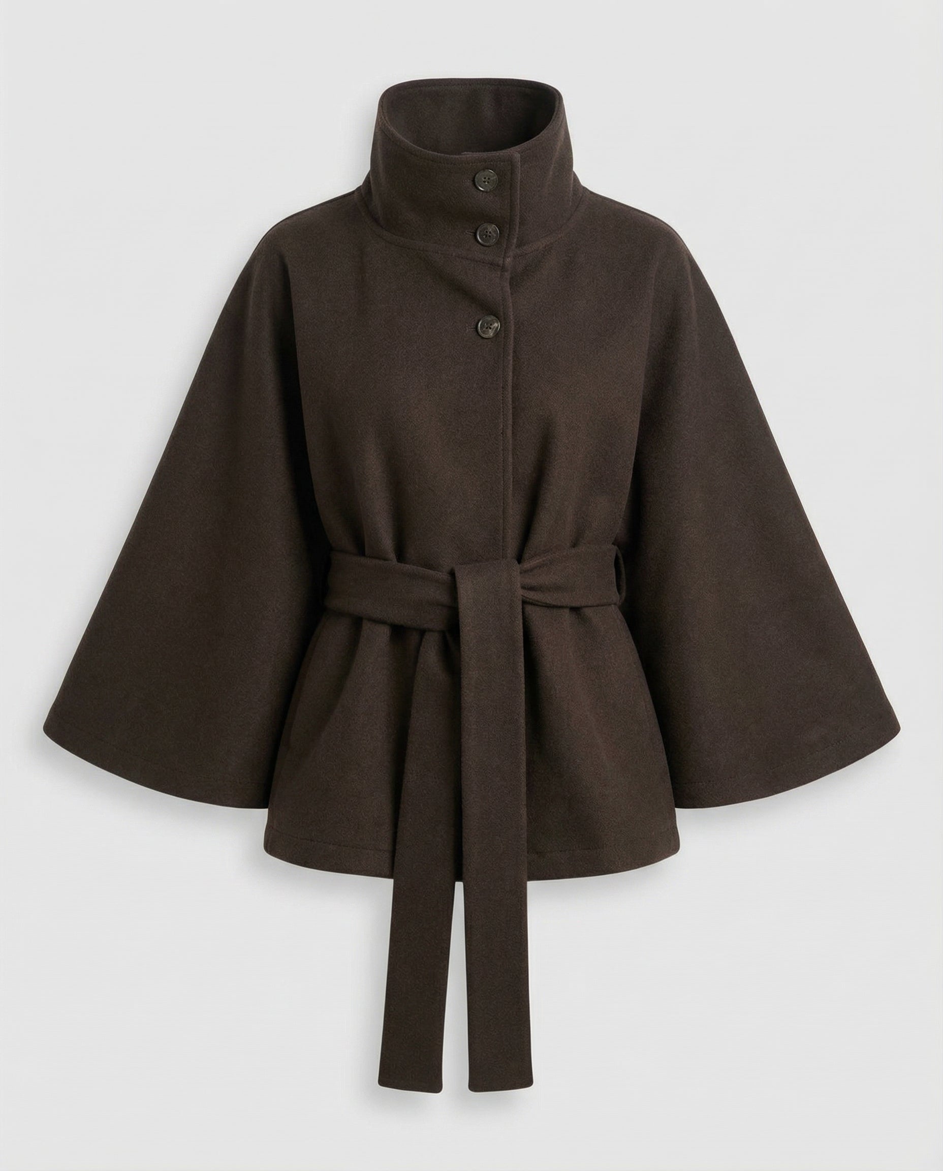 Veste cape col haut à ceinture marron foncé pour femme