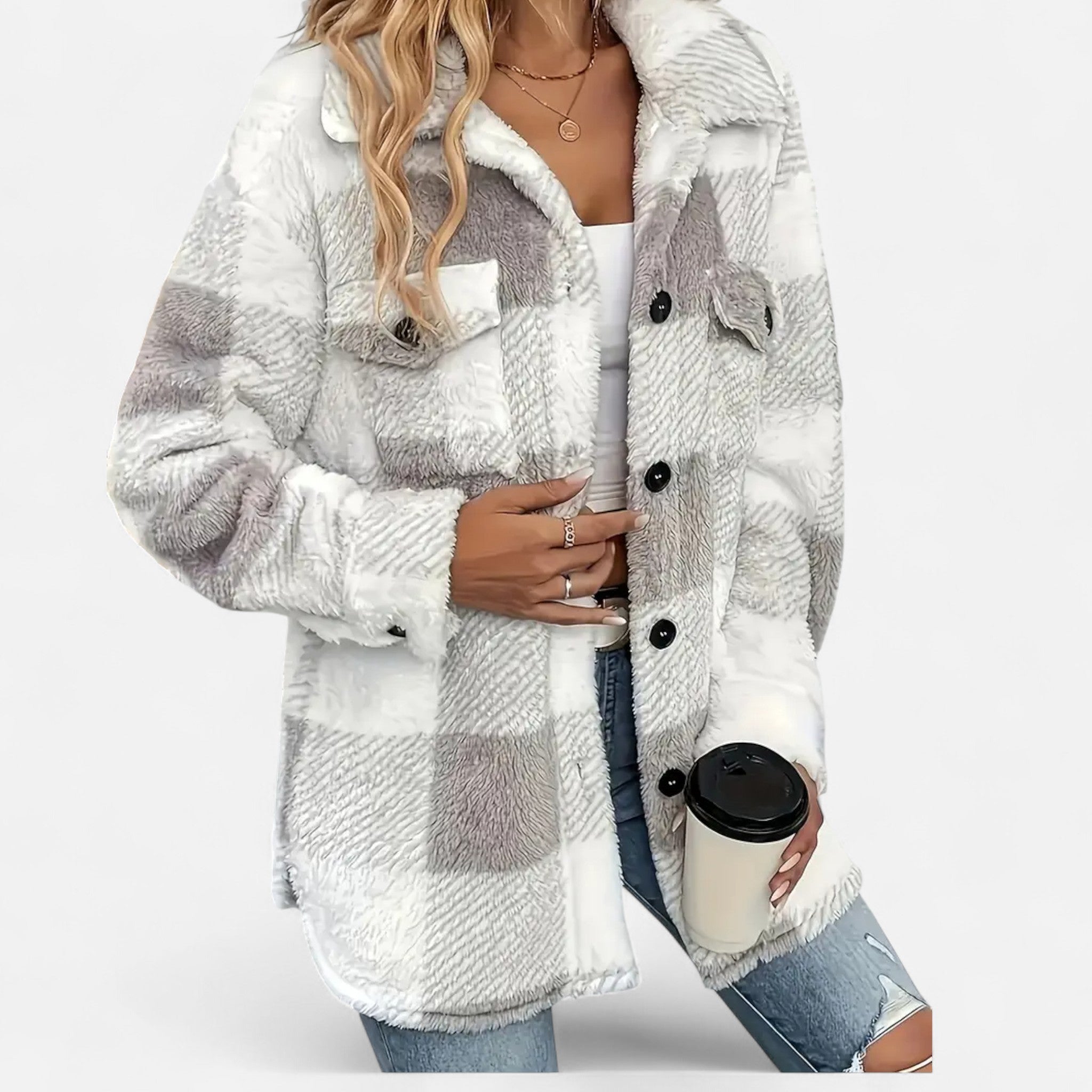 Veste sherpa à carreaux et boutons pour femme – vue 5