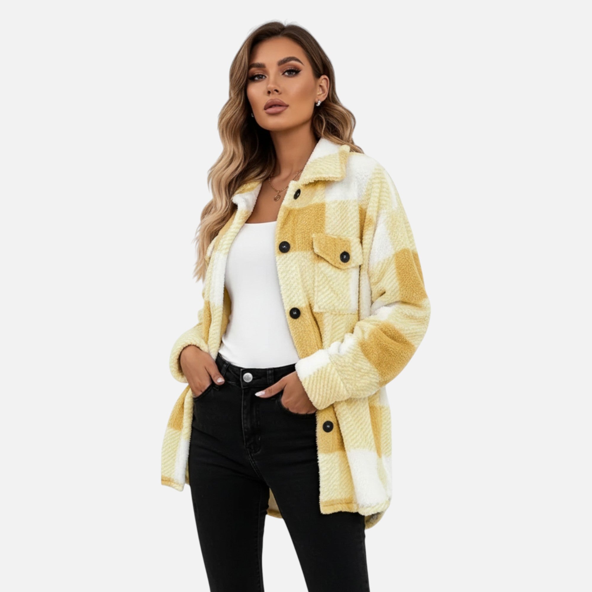 Veste sherpa à carreaux et boutons pour femme