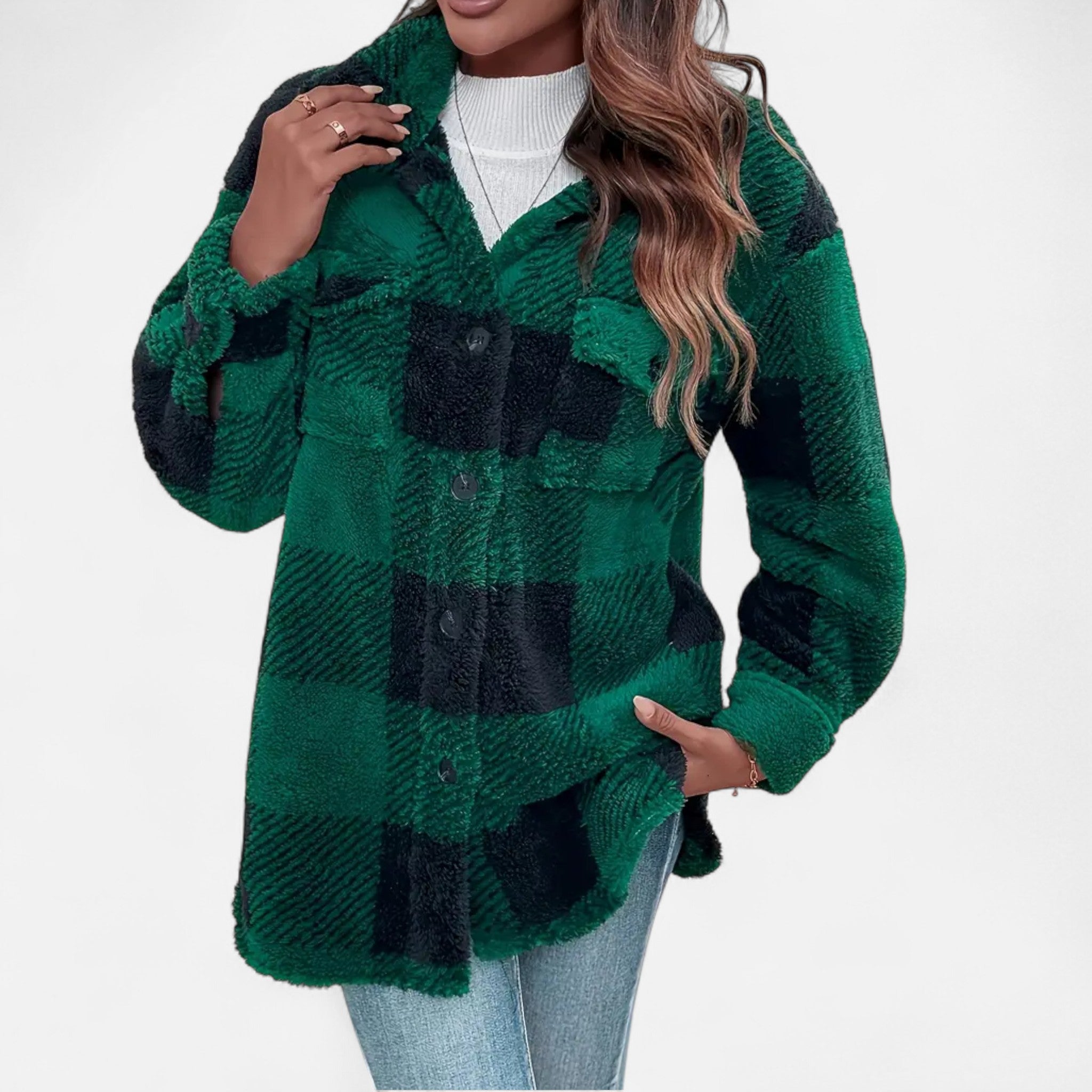 Veste sherpa à carreaux et boutons pour femme – vue 3