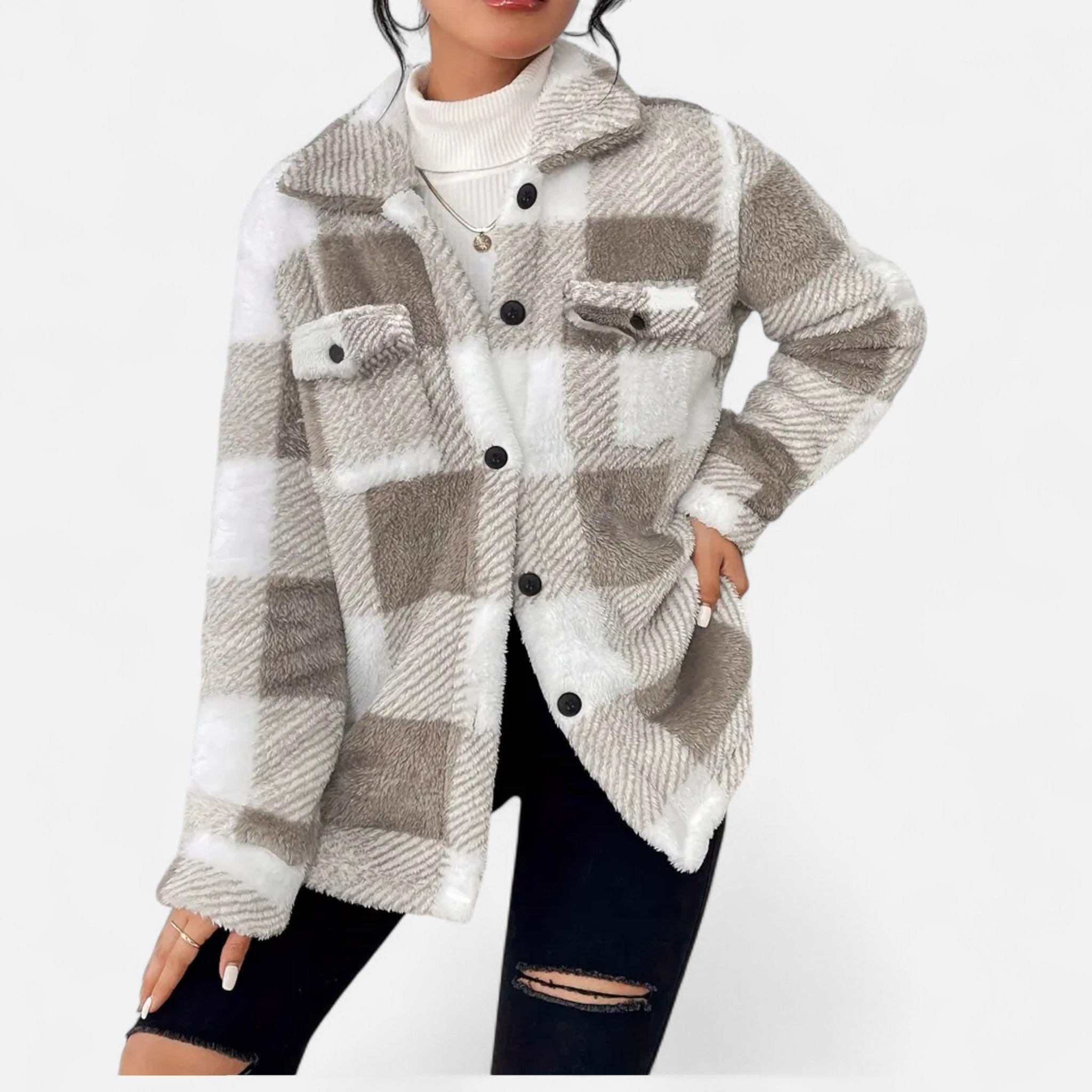 Veste sherpa à carreaux et boutons kaki pour femme