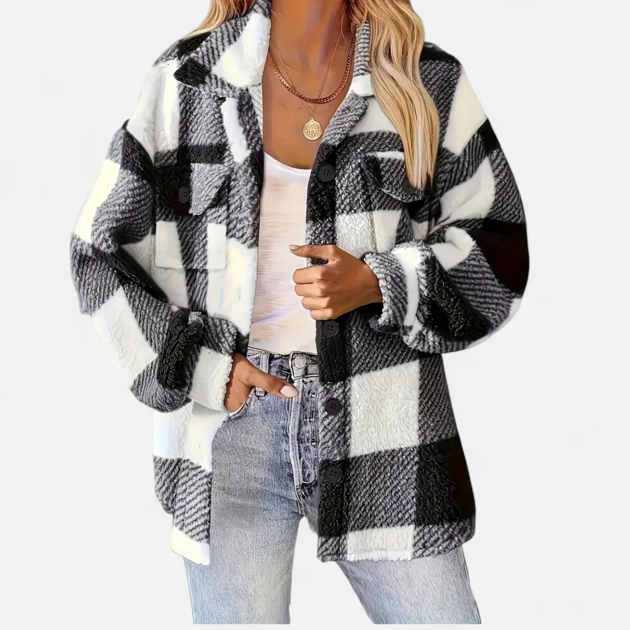 Veste sherpa à carreaux et boutons noir pour femme