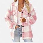 Veste sherpa à carreaux et boutons rose foncé pour femme
