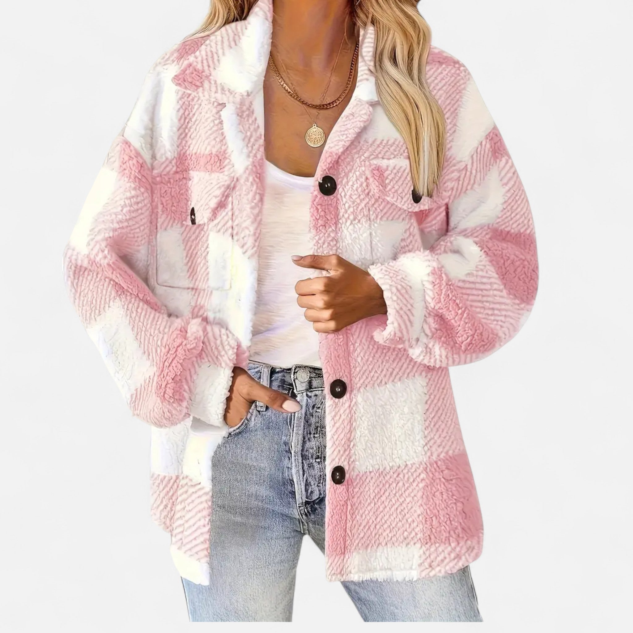 Veste sherpa à carreaux et boutons rose foncé pour femme