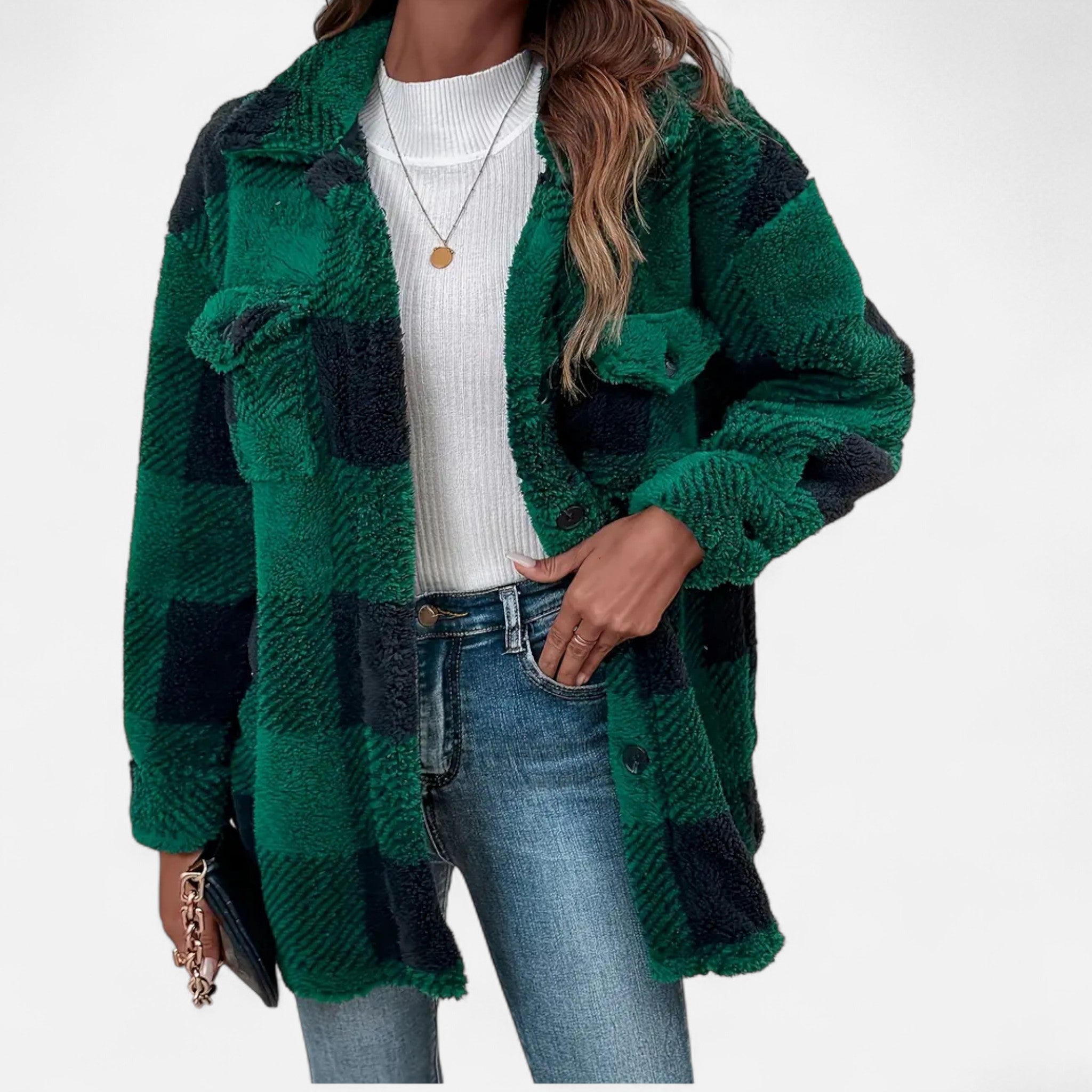 Veste sherpa à carreaux et boutons vert foncé pour femme